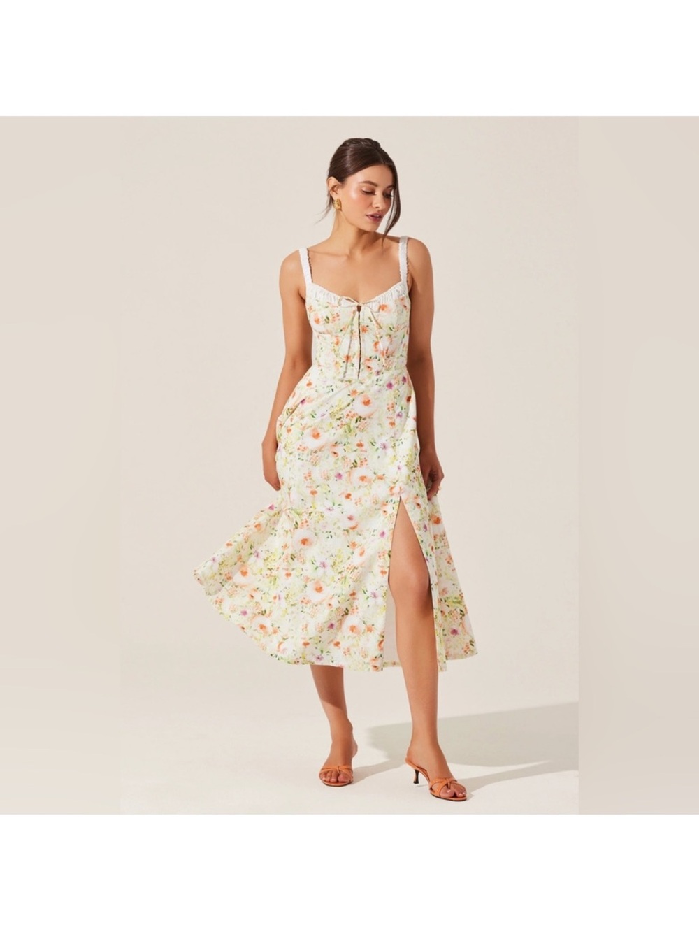 Astr Ivory Floral Midi Dress with Side Slit